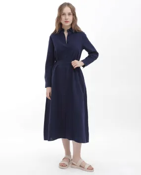 Rareism Women Perif Dark Navy Cotton Linen Fabric Regular Sleeves Collared Neck Solid Longline Dress