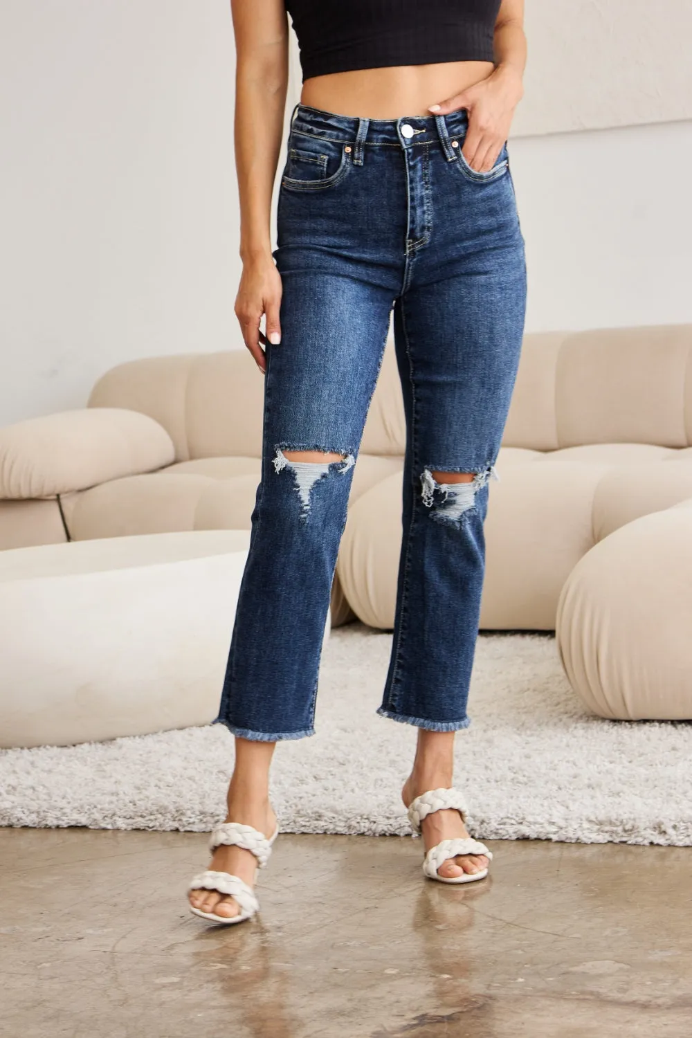 RFM Tummy Control Distressed High Waist Raw Hem Cropped Jeans