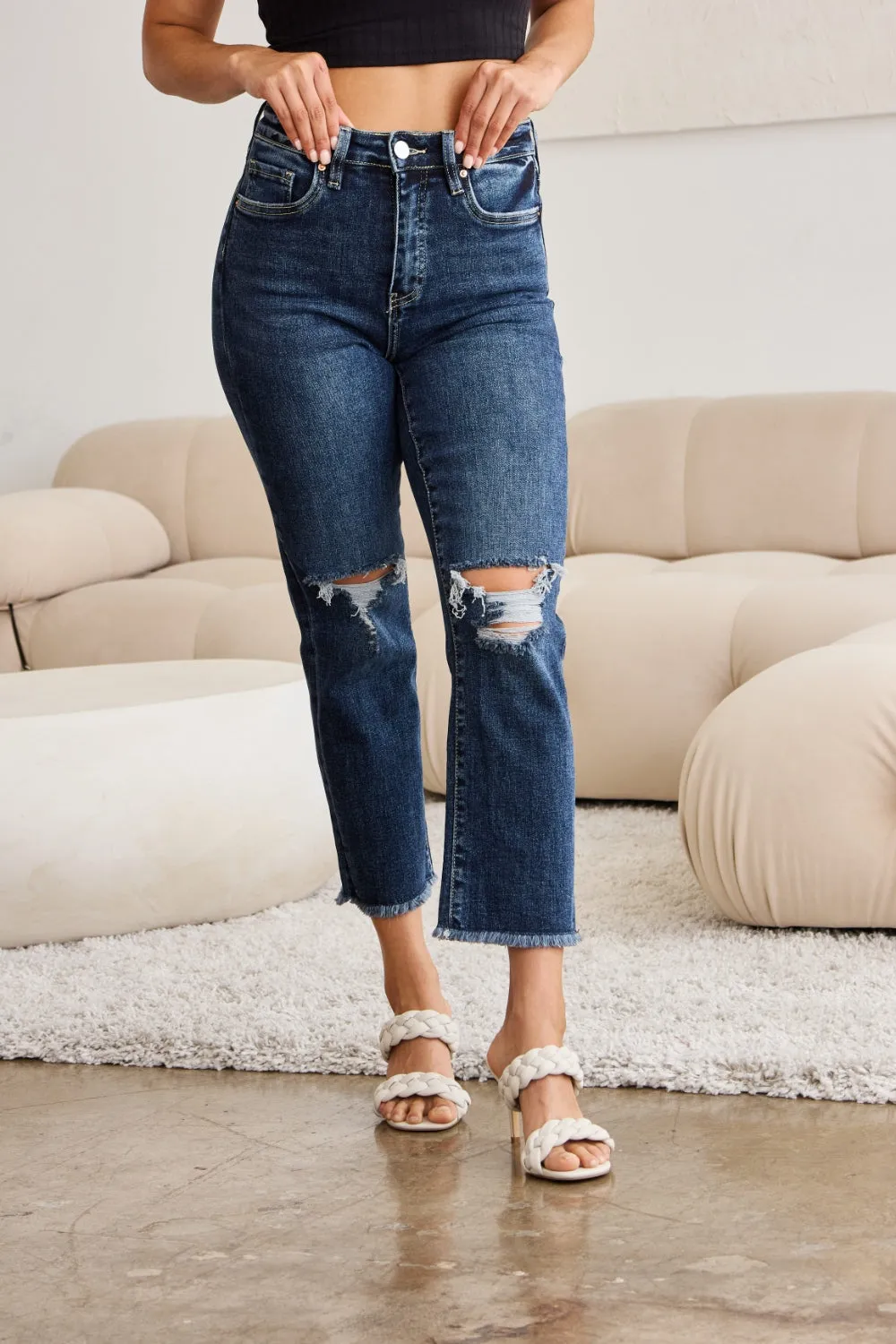 RFM Tummy Control Distressed High Waist Raw Hem Cropped Jeans