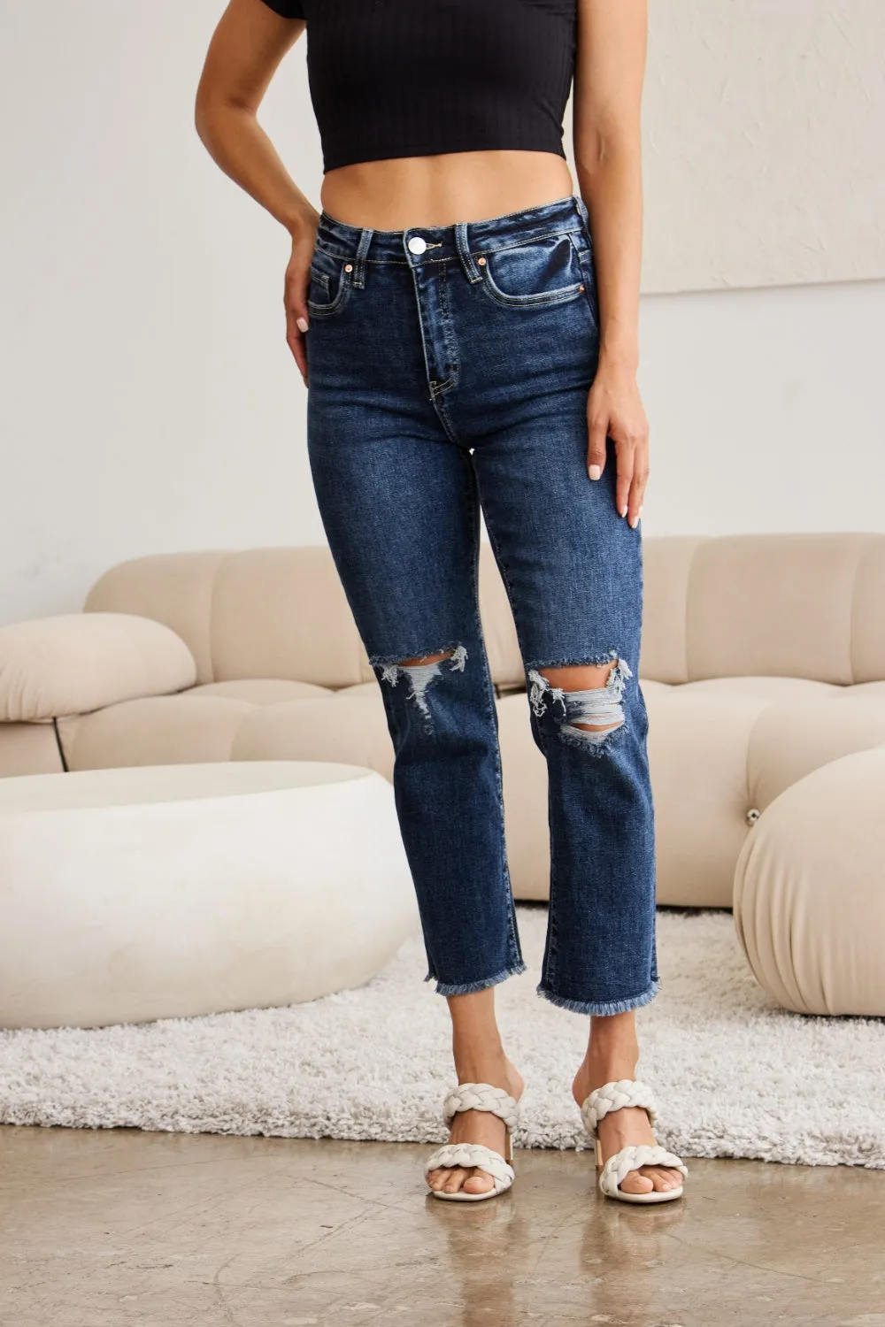 RFM Tummy Control Distressed High Waist Raw Hem Cropped Jeans