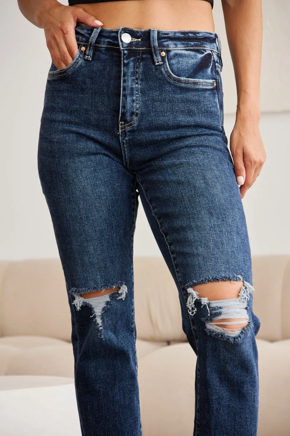 RFM Tummy Control Distressed High Waist Raw Hem Cropped Jeans