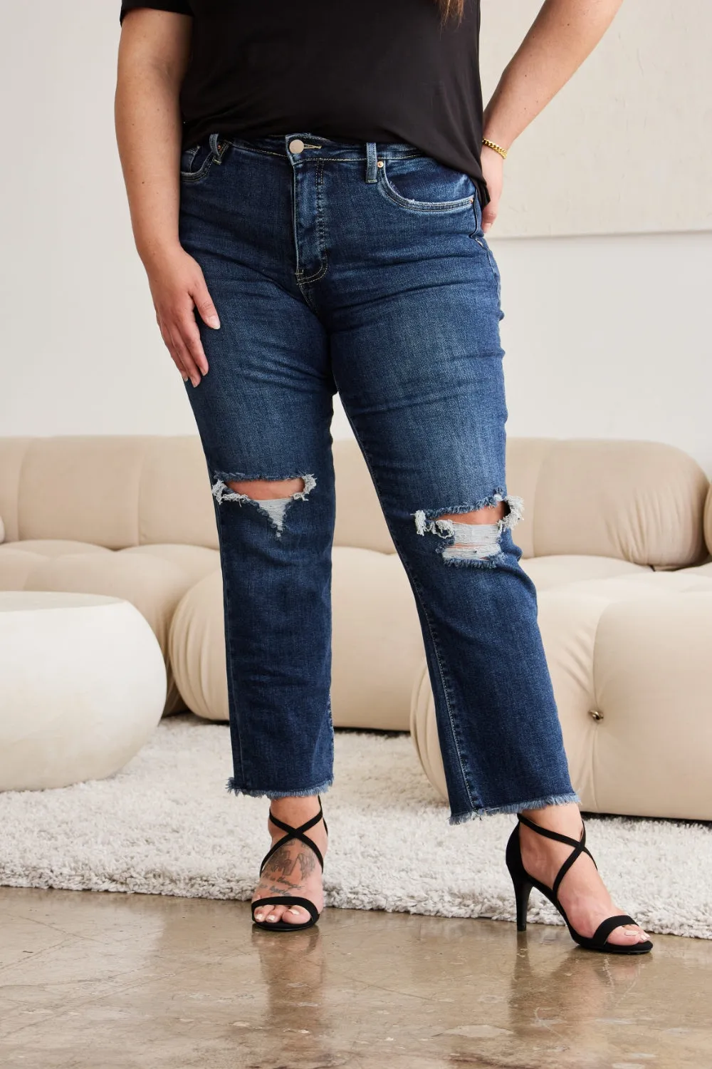 RFM Tummy Control Distressed High Waist Raw Hem Cropped Jeans