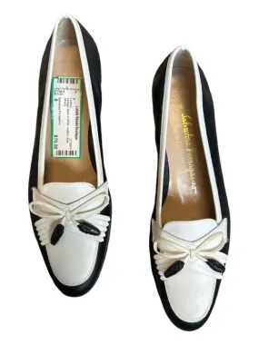 Salvatore Ferragamo Shoe Size 8 Black & White Leather Bow Loafers