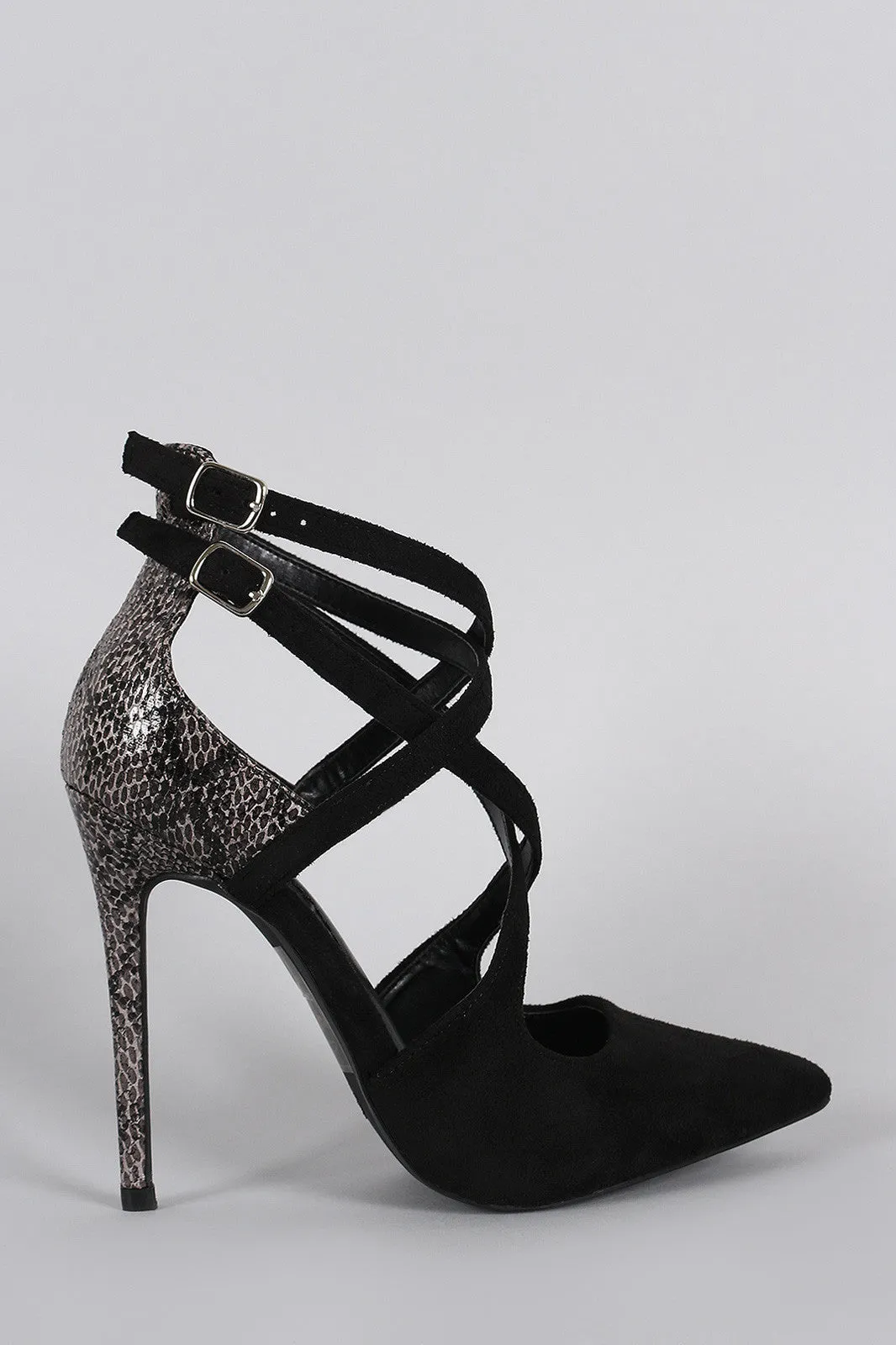 Shoe Republic LA Suede CrissCross Pointy Toe Snake Stiletto Pump