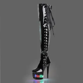 Thigh-high Patent High Heel Boots with Unique Led Display