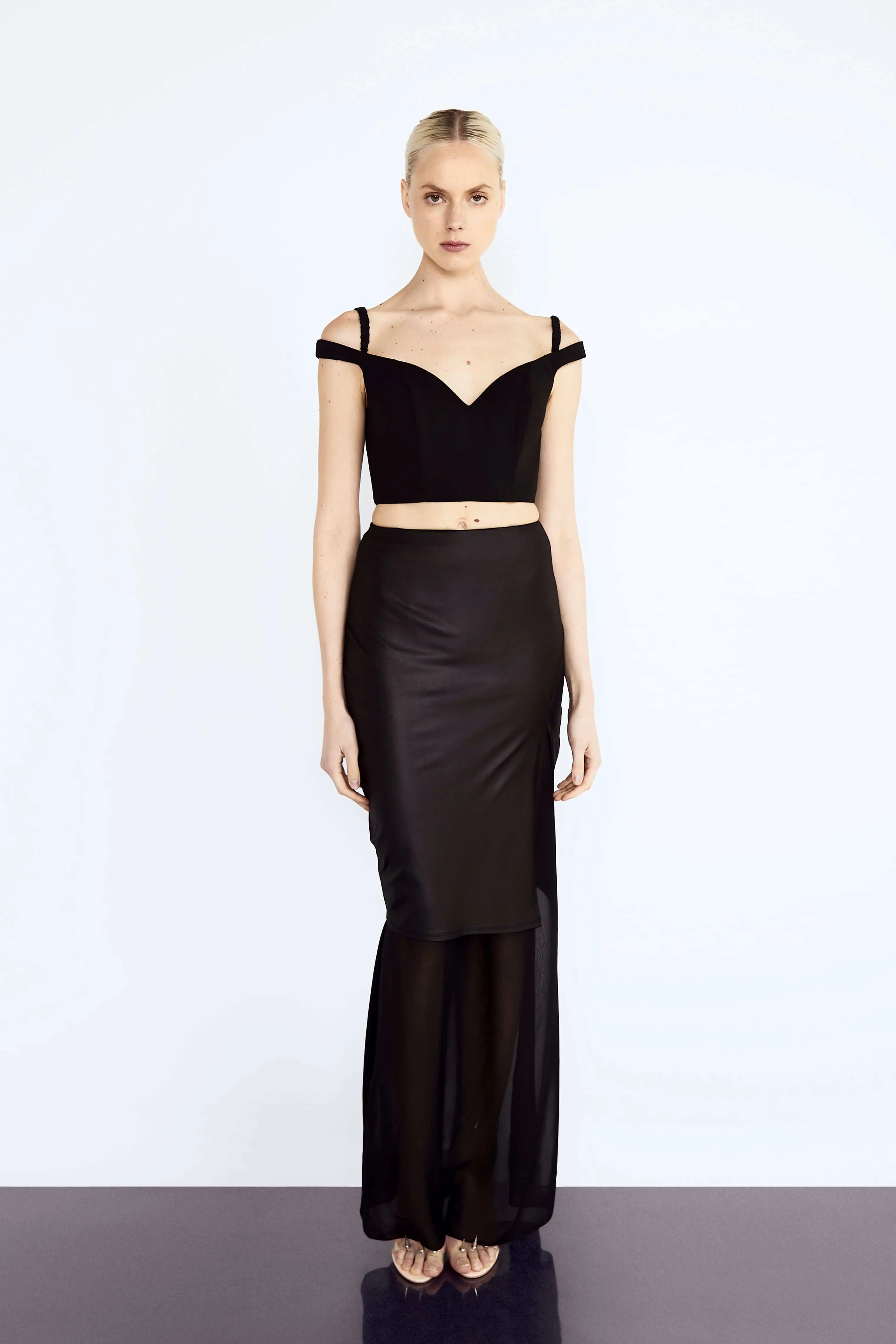 Vegan Leather and Chiffon Long Skirt in Sustainable Pineapple Leather