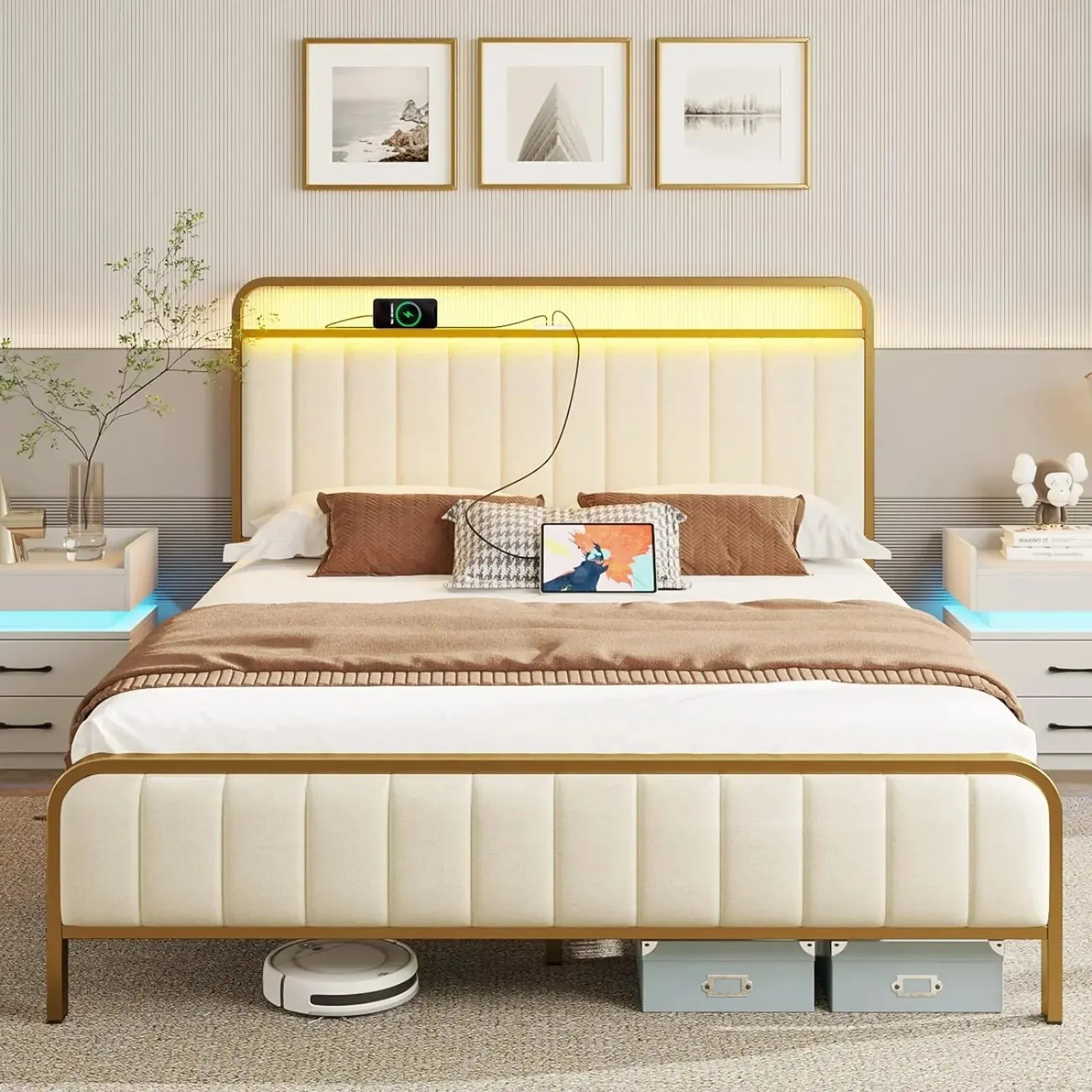 Velvet Upholstered Bed Frame with LED Lights