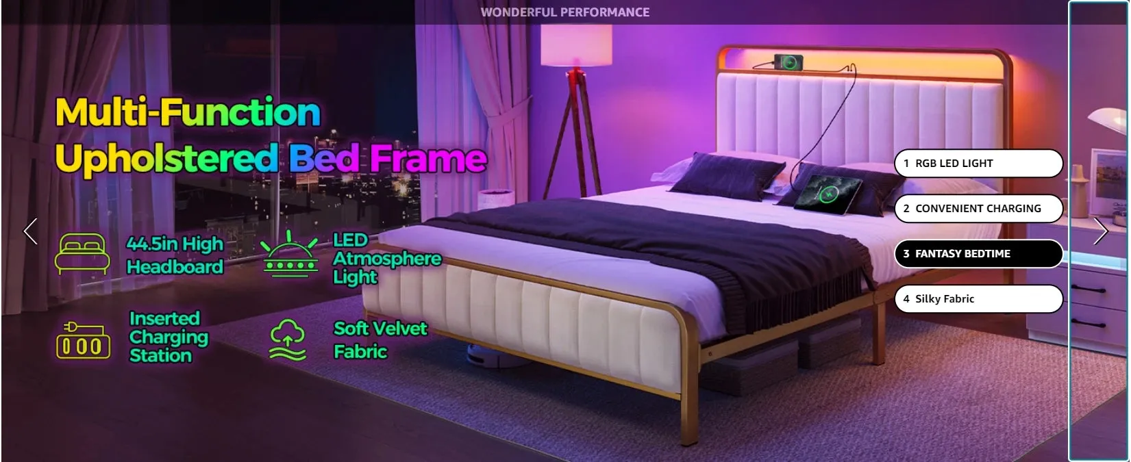 Velvet Upholstered Bed Frame with LED Lights