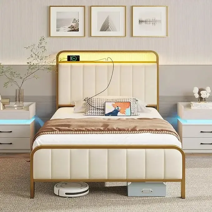 Velvet Upholstered Bed Frame with LED Lights