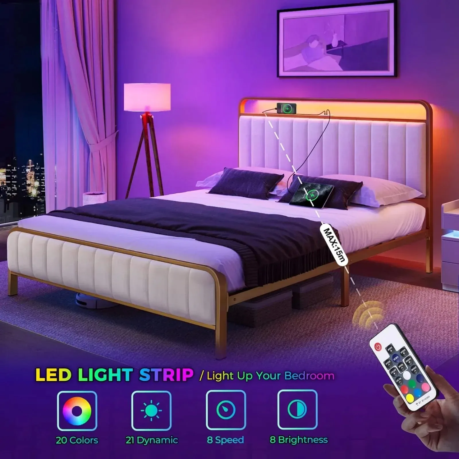 Velvet Upholstered Bed Frame with LED Lights