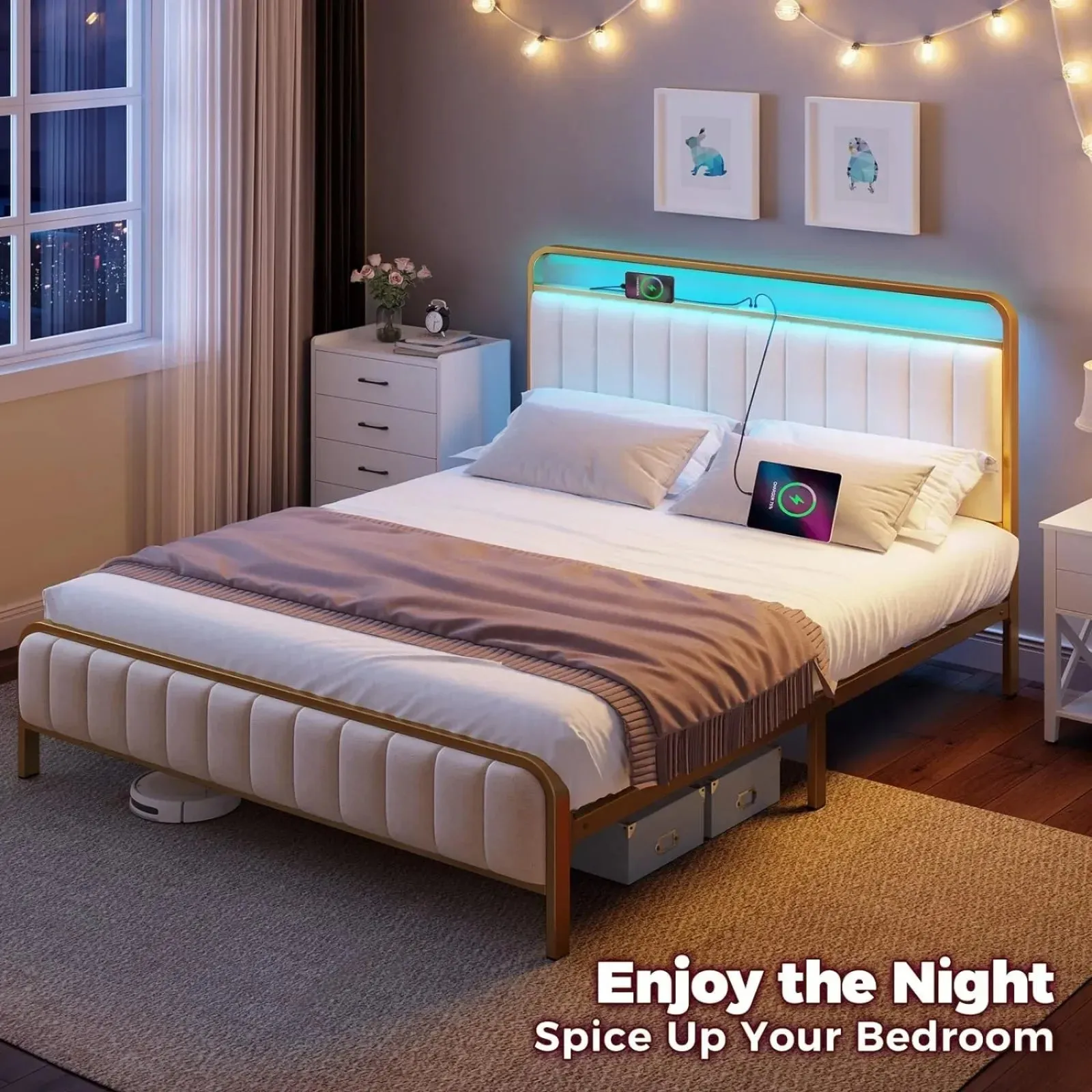 Velvet Upholstered Bed Frame with LED Lights