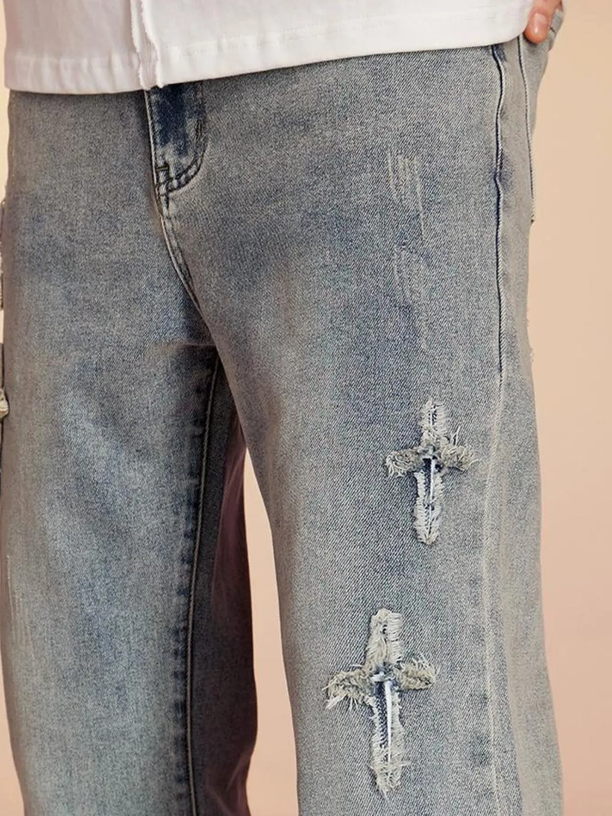 We Love Street Patched Cross Star Cut Jeans