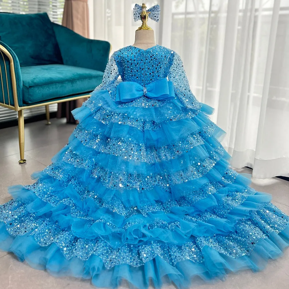 Wedding flower girl elegant evening dress sequined long sleeve party tail girl princess dress