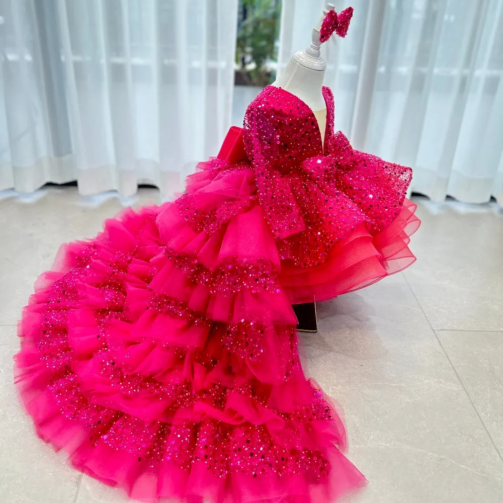 Wedding flower girl elegant evening dress sequined long sleeve party tail girl princess dress