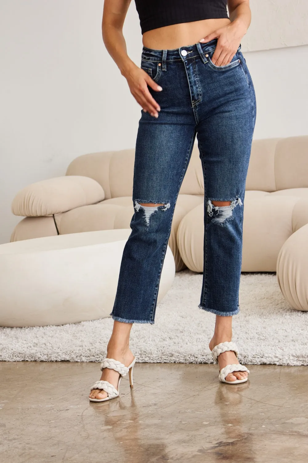 WomenRFM Crop Dylan Full Size Tummy Control Distressed High Waist Raw Hem Jeans