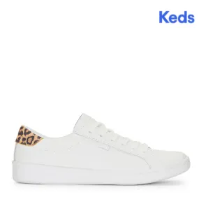 Women's Ace Leather Leopard Heel Sneaker White/Tan (WH67310)