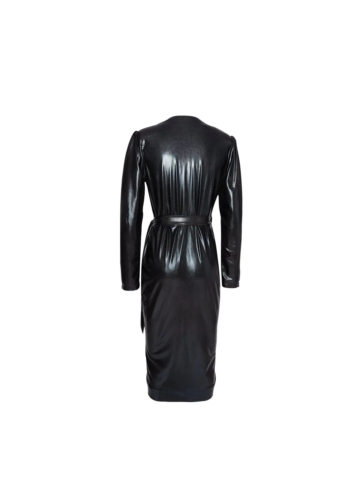 Wrap Dress In Shiny Black Quartz Stretch Vegan Leather